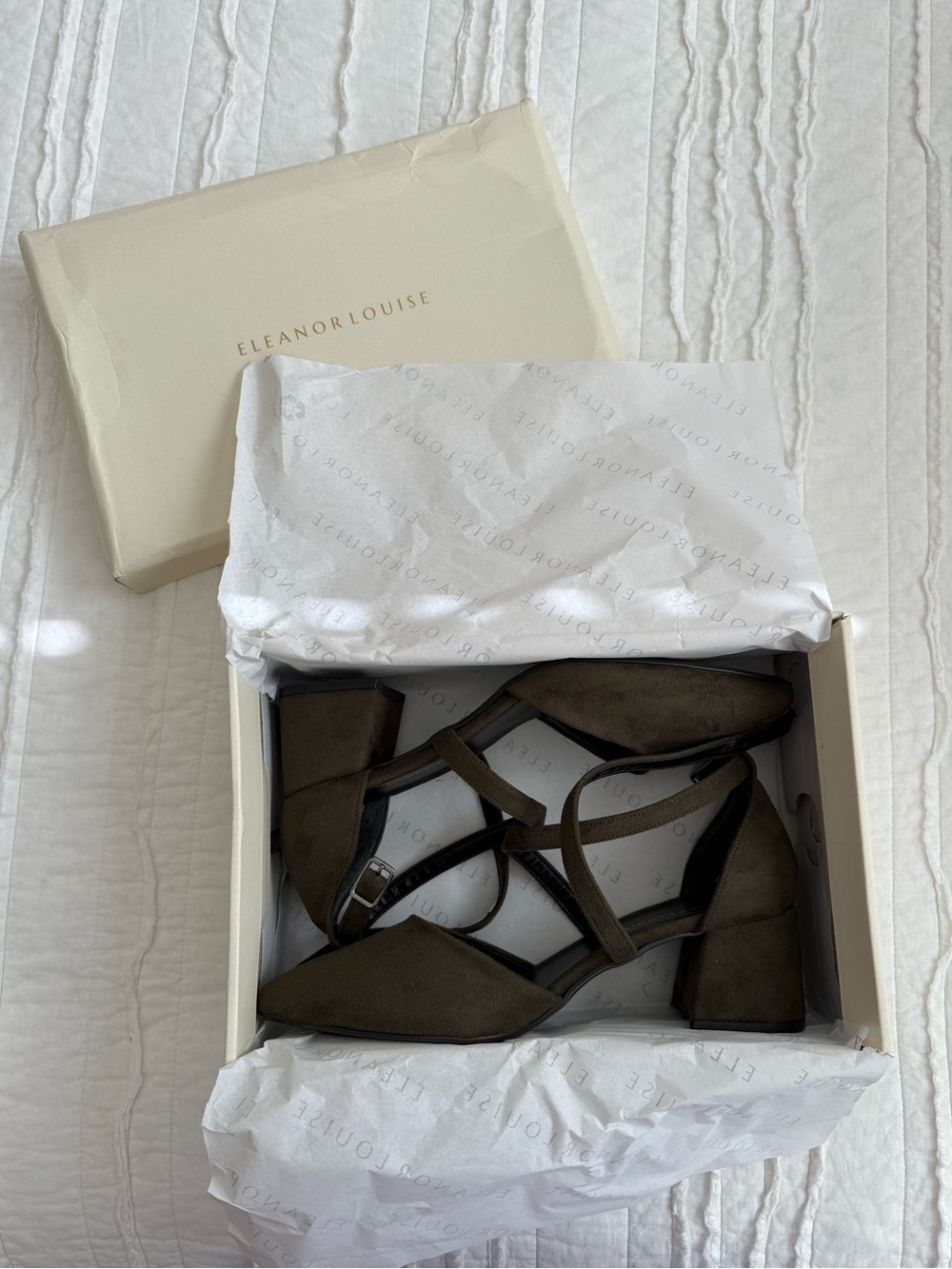 Eleanor Louise Olive Green Suede Crisscross Block Heels